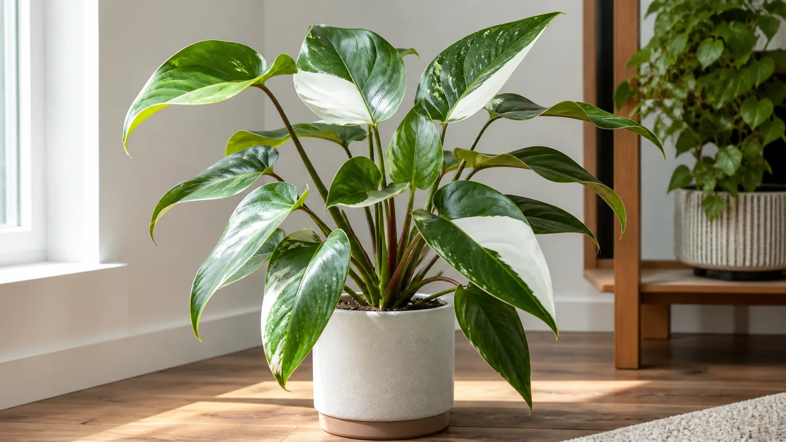 Philodendron White Princess with crisp white and green variegated leaves