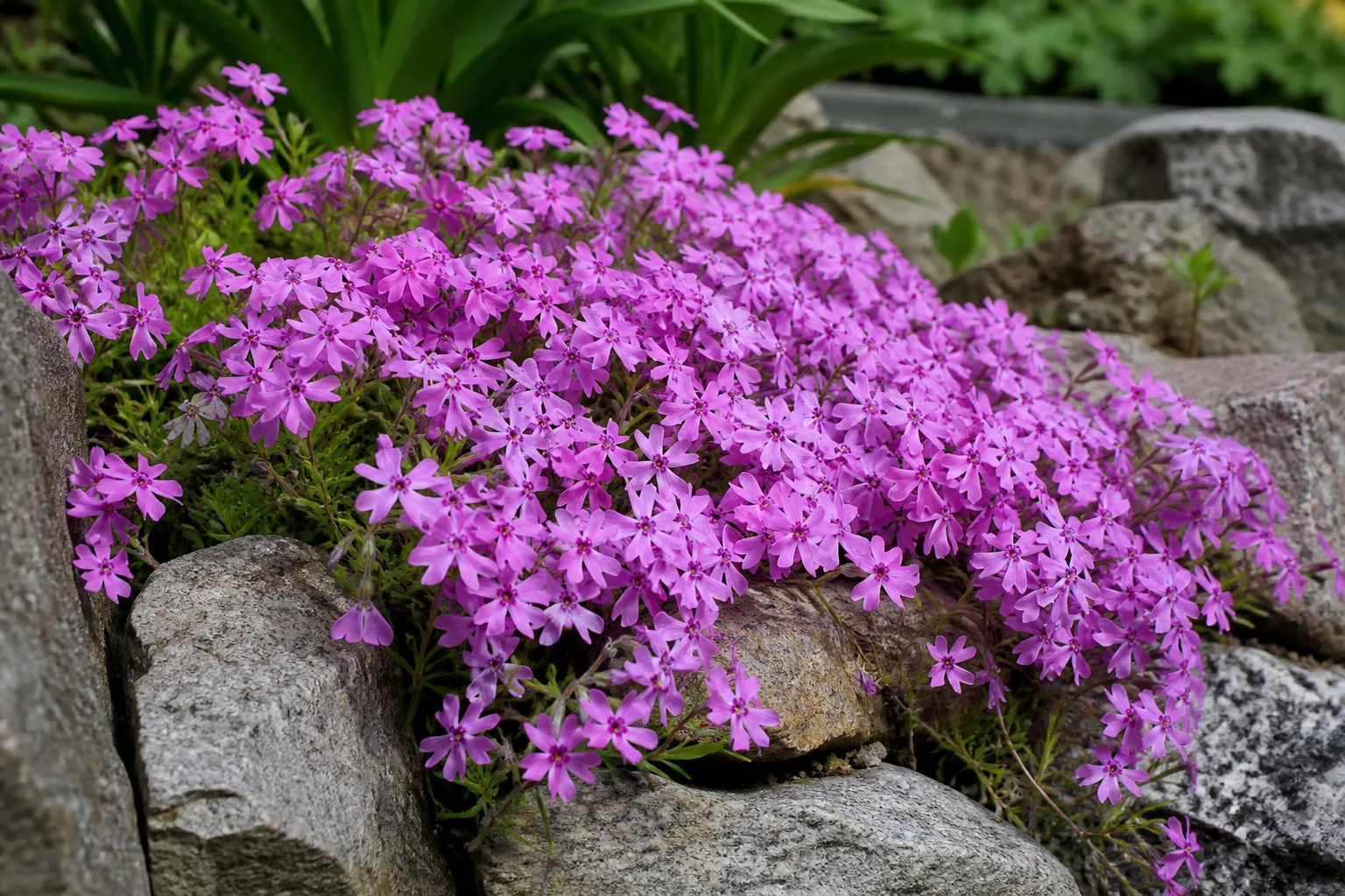 Creeping phlox spilling over rocks in a sunny bed
