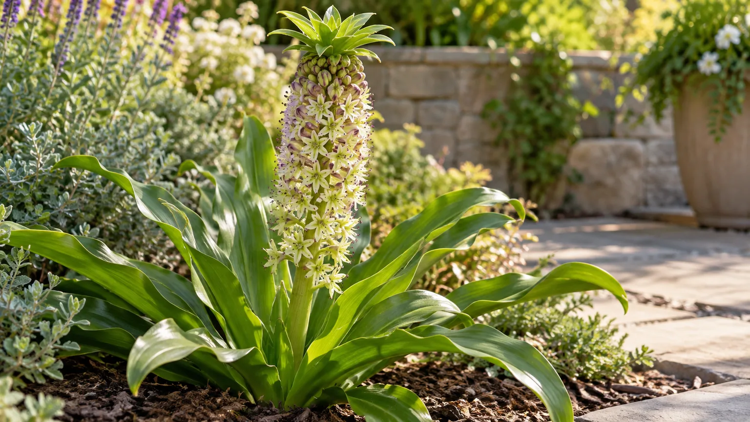 Pineapple lily in flower, with a dense spike of star-shaped blooms above strap-like foliage