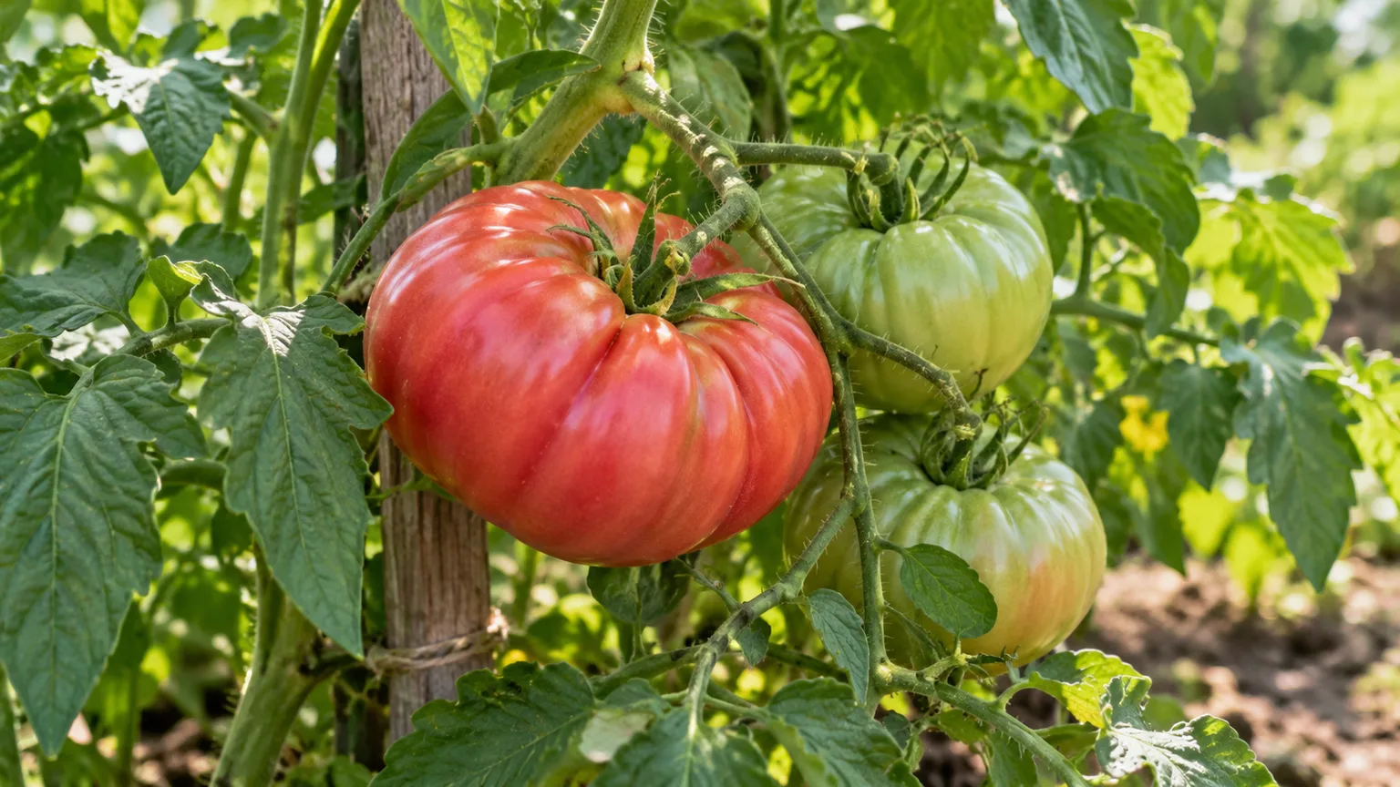 A Pink Brandywine tomato vine with large pink beefsteak fruits ripening on a stake