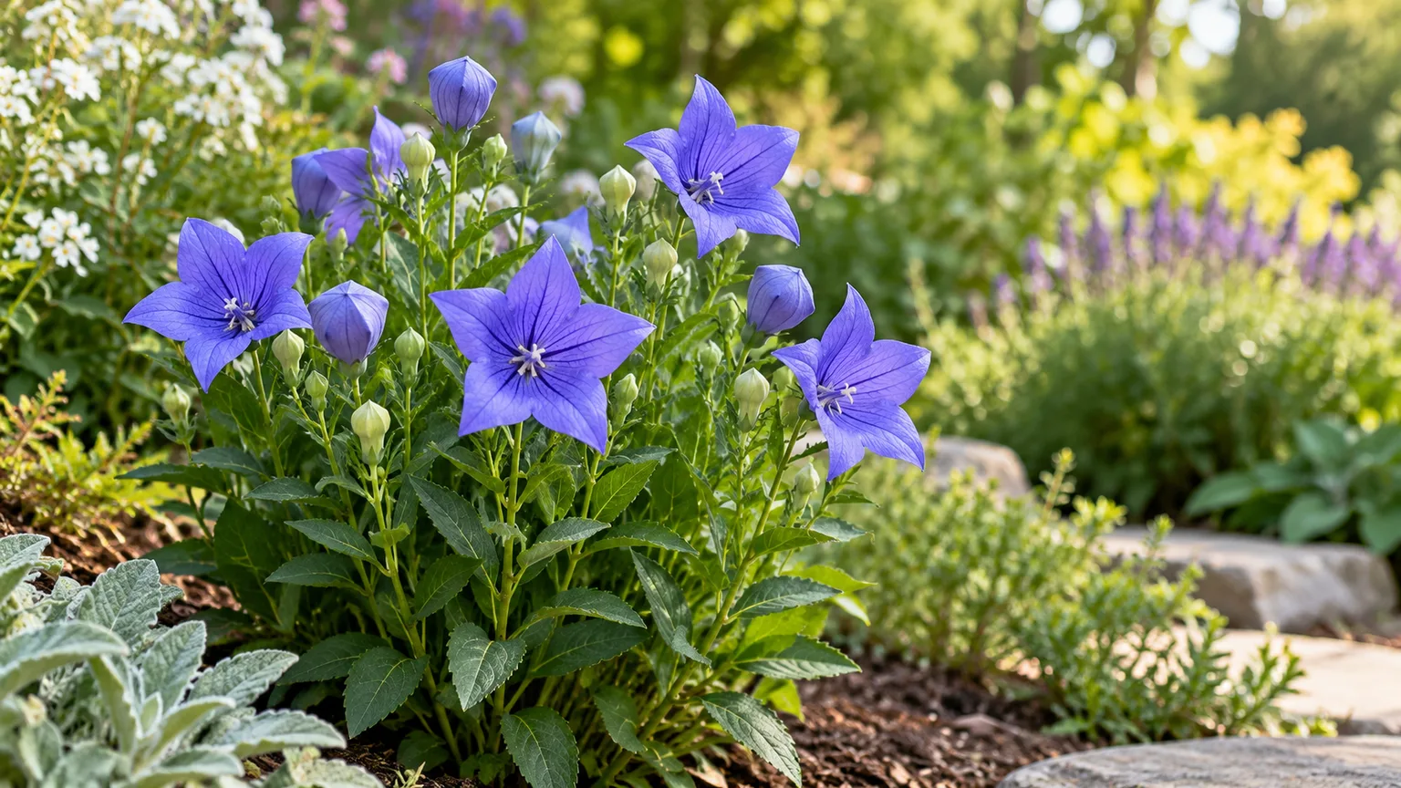Balloon flowers with inflated violet buds and star-shaped blue blooms in a garden border
