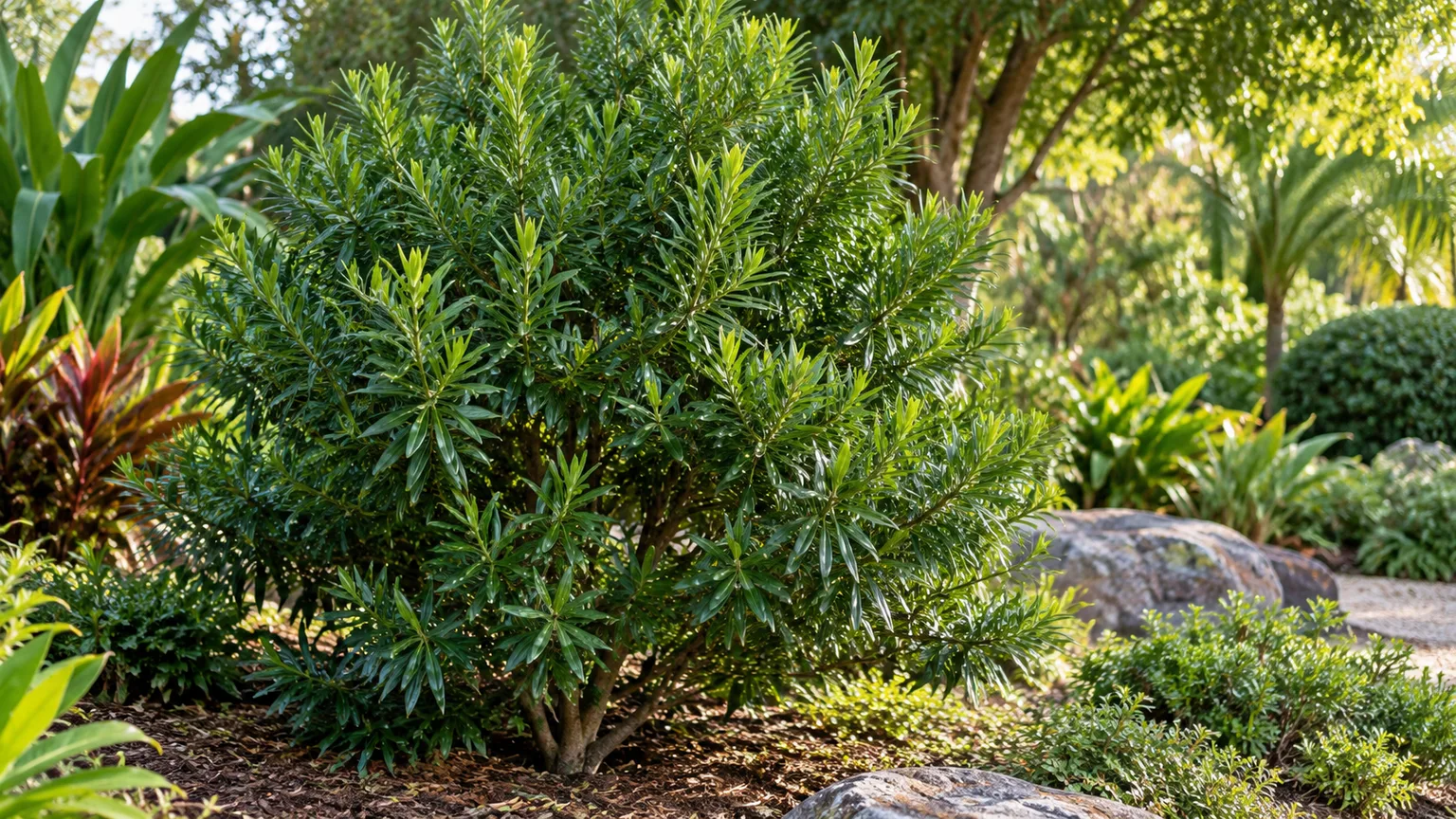 Healthy Podocarpus macrophyllus with dense, narrow glossy green foliage in a warm-climate garden