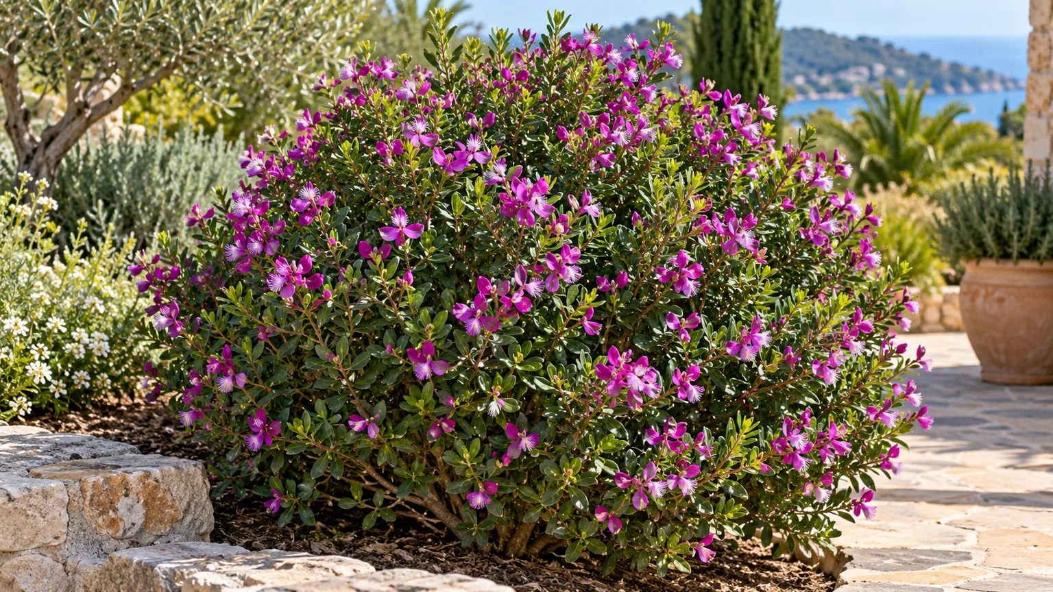Sweet pea shrub with magenta flowers in a sheltered sunny garden