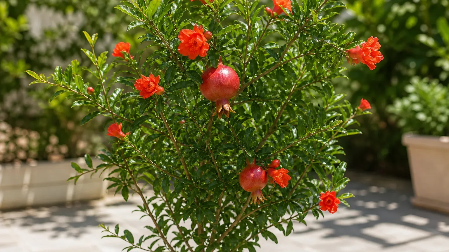 Mature pomegranate tree with glossy green leaves and ripe red fruit in full sun