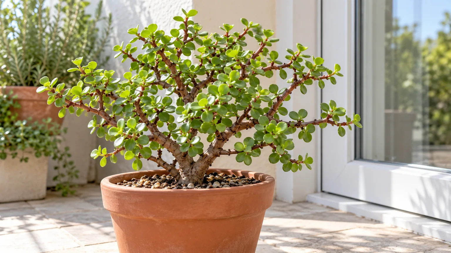 Healthy green Portulacaria afra with small rounded leaves and woody branching stems in a terracotta pot