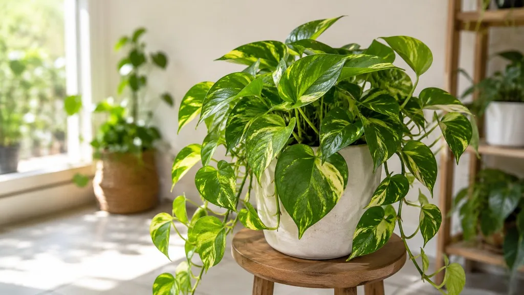 Golden pothos trailing from a shelf illustrating pothos care light water and pruning basics