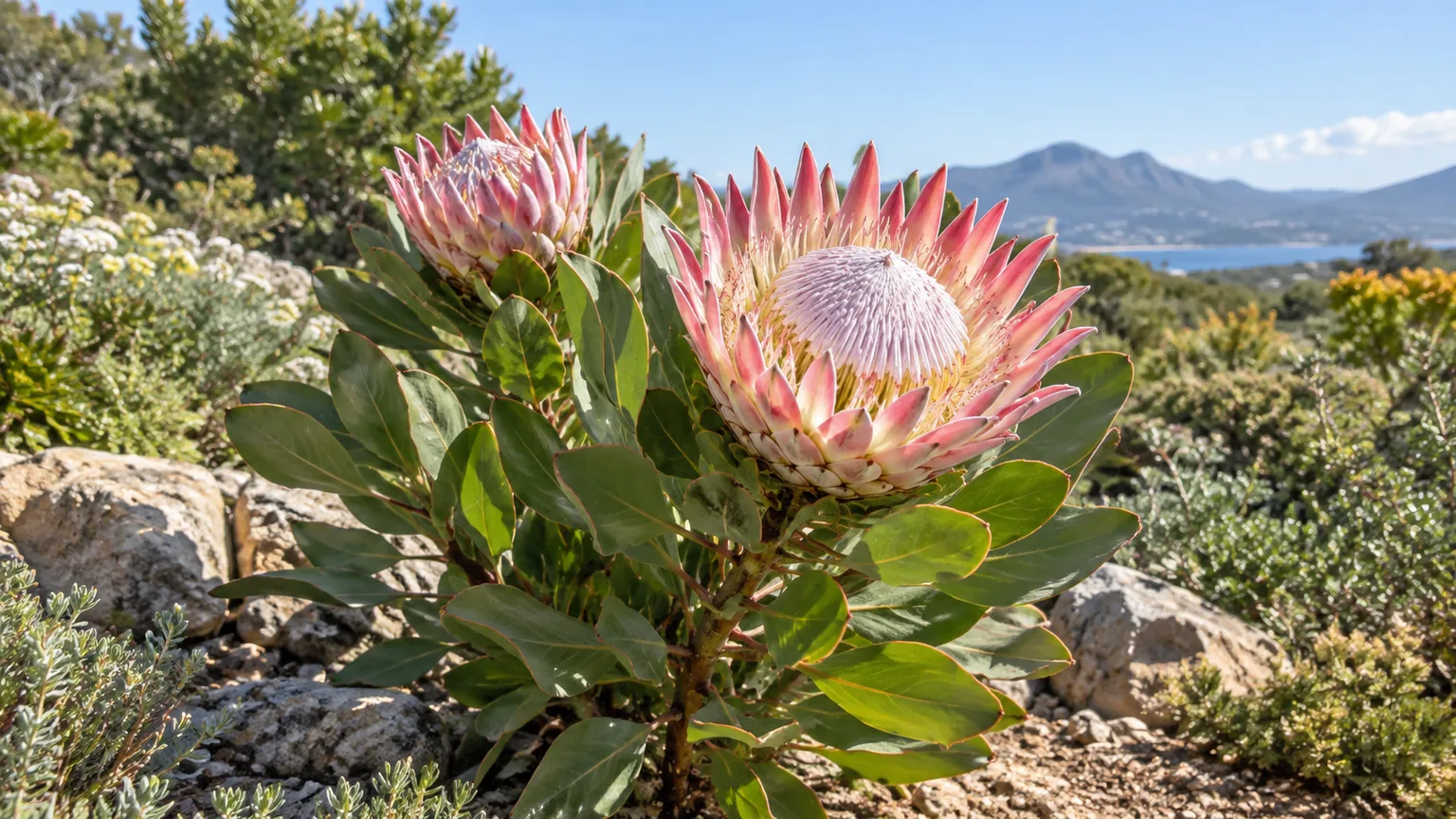 Healthy King Protea with pink blooms in a sunny, rocky garden