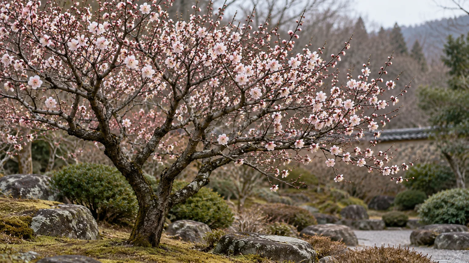 Prunus mume flowering on bare branches in late winter