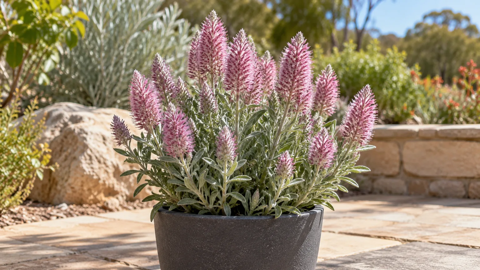 Healthy pink mulla mulla with silvery-pink flower spikes in a sunny patio garden