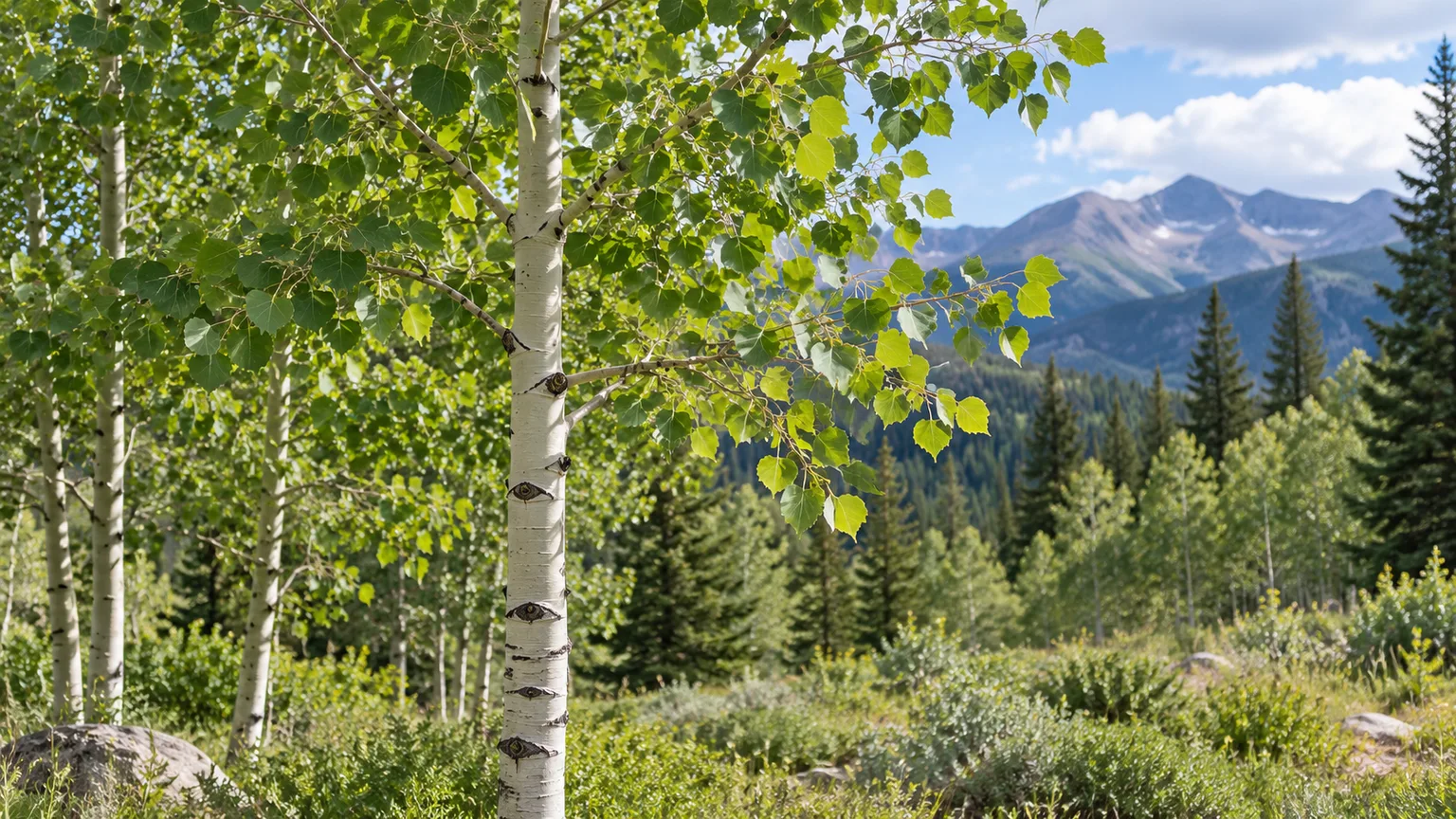 Healthy quaking aspen with pale marked bark and rounded green leaves in a cool mountain landscape.