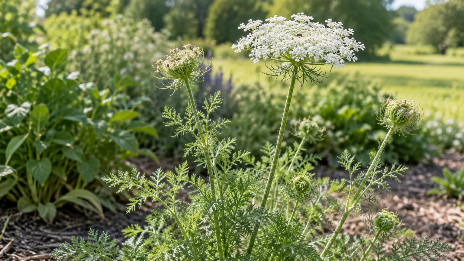 Queen Anne’s lace with fern-like foliage and flat-topped white umbels in a garden bed