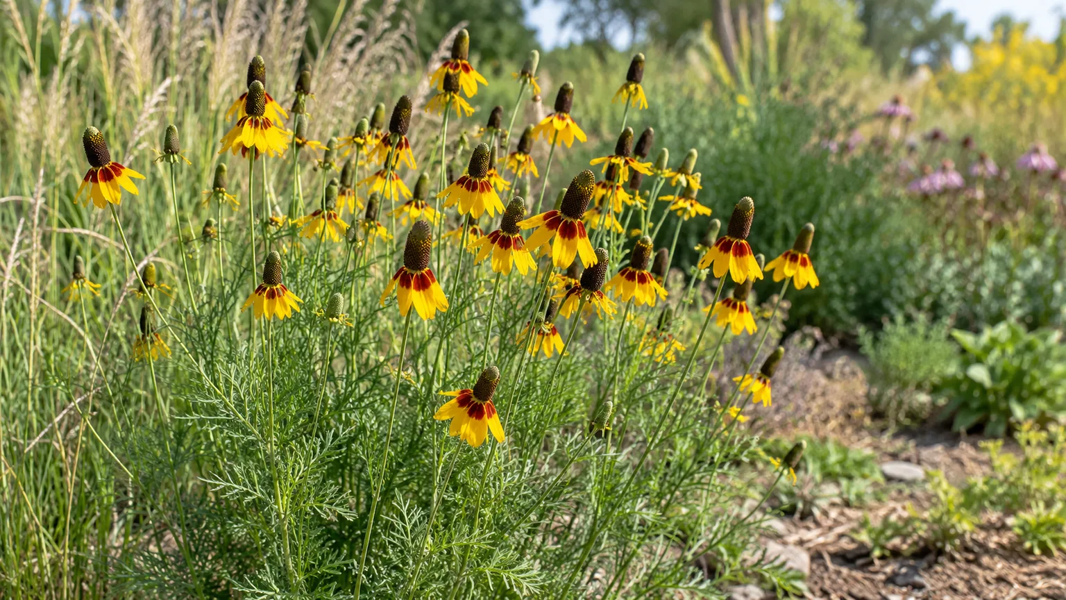Prairie coneflower with upright dark cones and drooping yellow and rust petals in a sunny garden