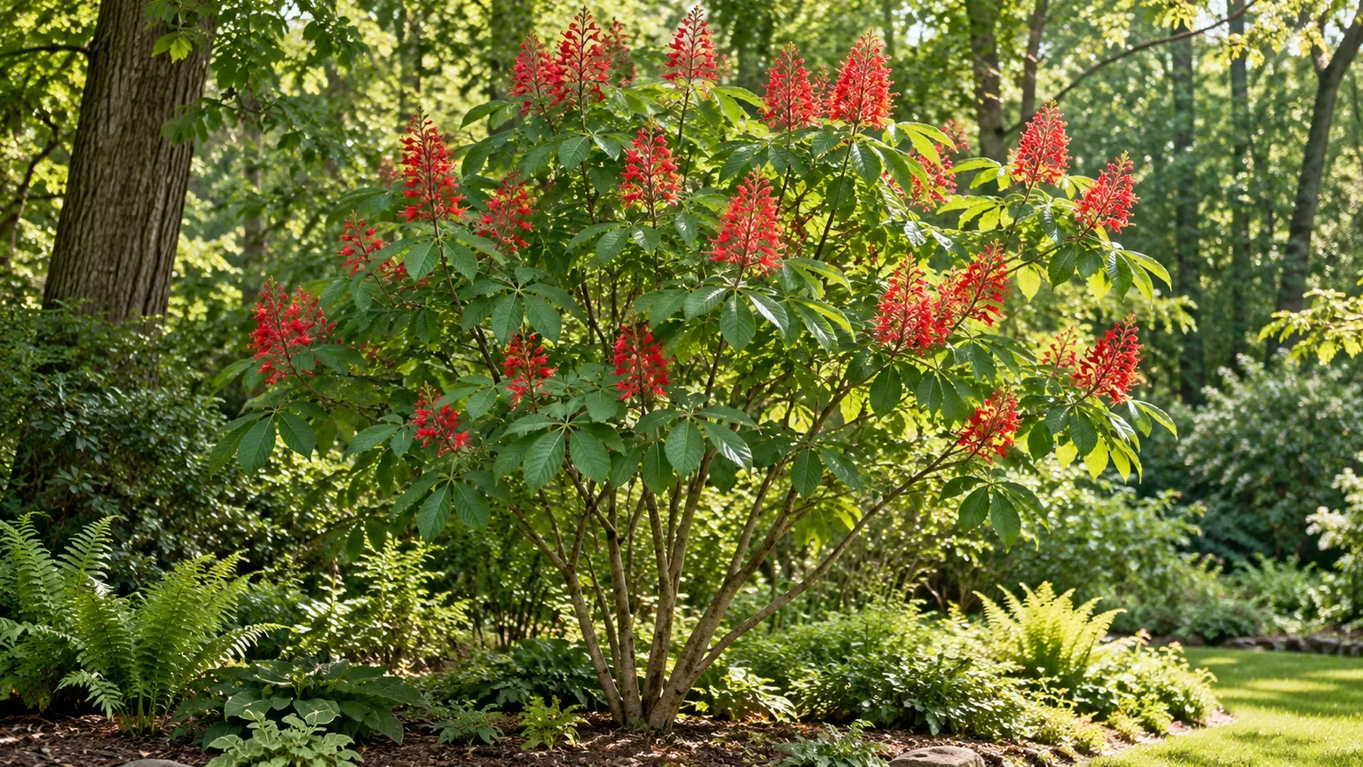Red buckeye with bright spring flowers in a partly shaded garden