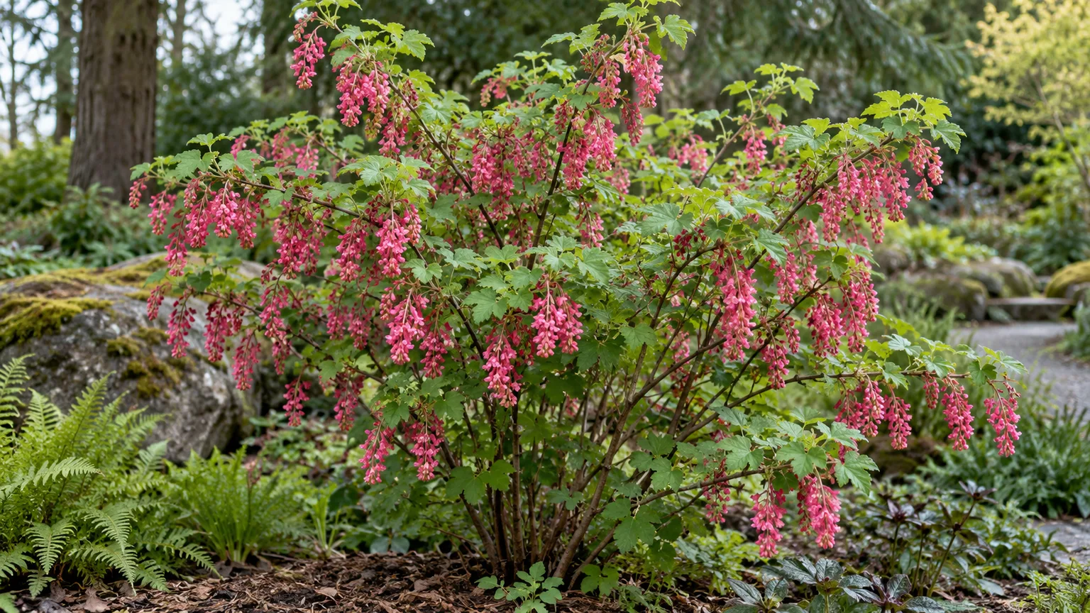 Red-flowering currant shrub with rose-pink spring flower clusters in a Pacific Northwest garden