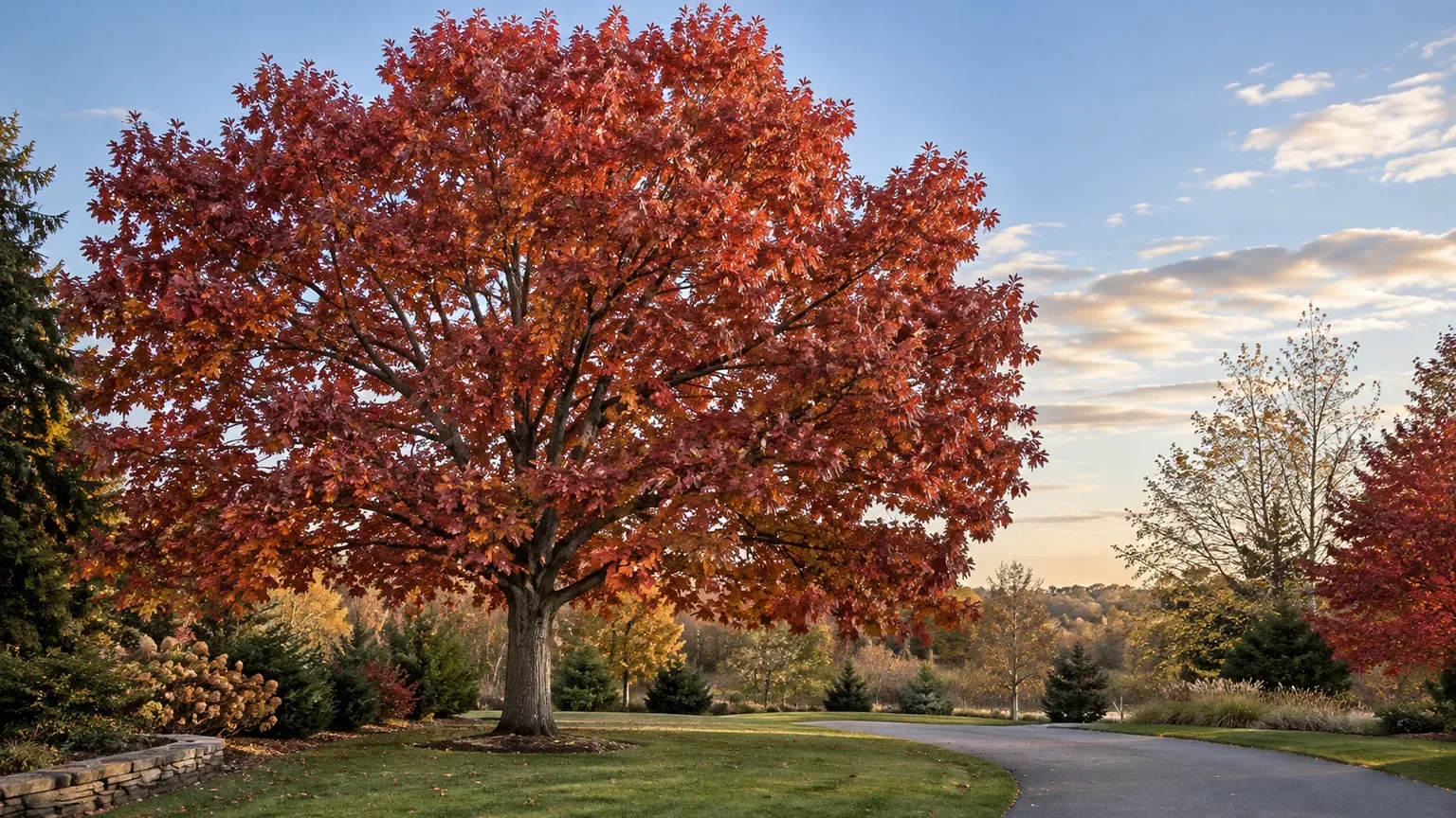 Mature red oak with a broad canopy in autumn
