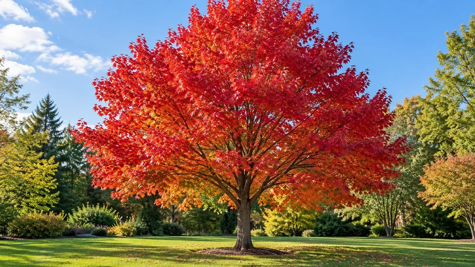 Mature Red Sunset maple with scarlet fall foliage