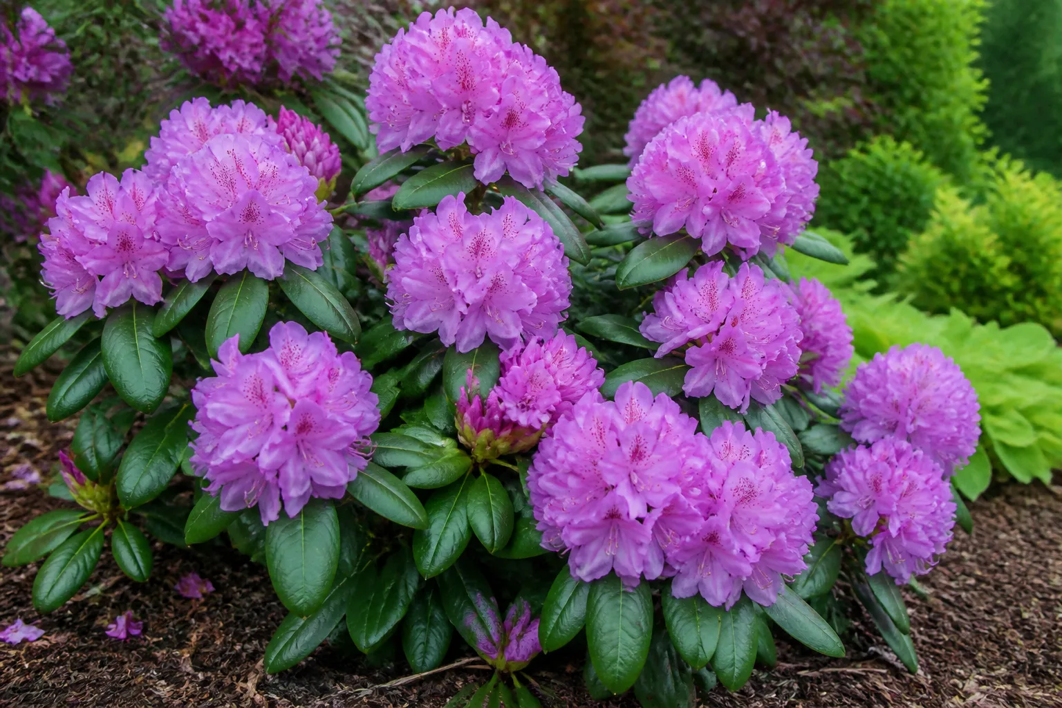Pink rhododendron shrub in bloom against dark green foliage in a woodland garden border