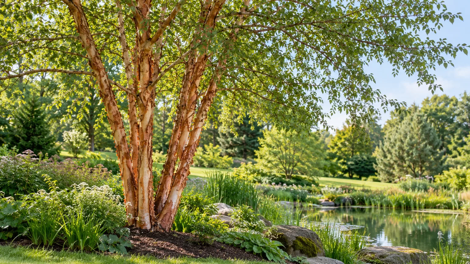 Healthy multi-stem river birch with cinnamon peeling bark beside a pond