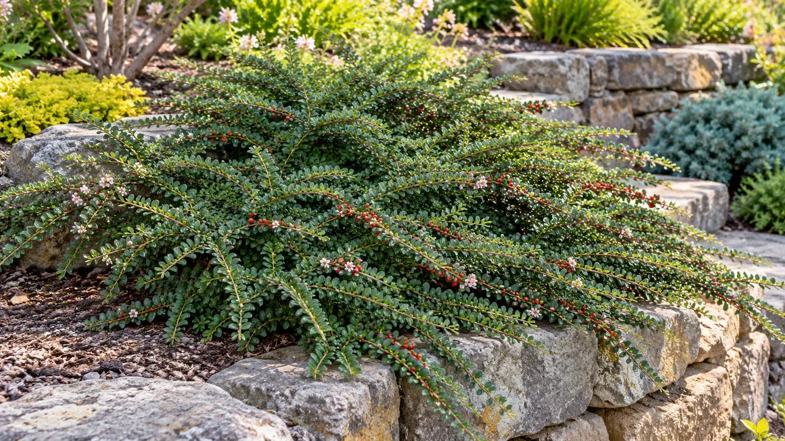 Mature rockspray cotoneaster with tiered branches, pink flowers, and red berries in a stone garden