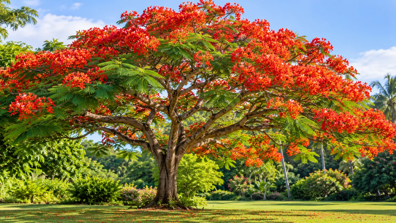 Mature royal poinciana with a broad canopy of fern-like leaves and red-orange flowers