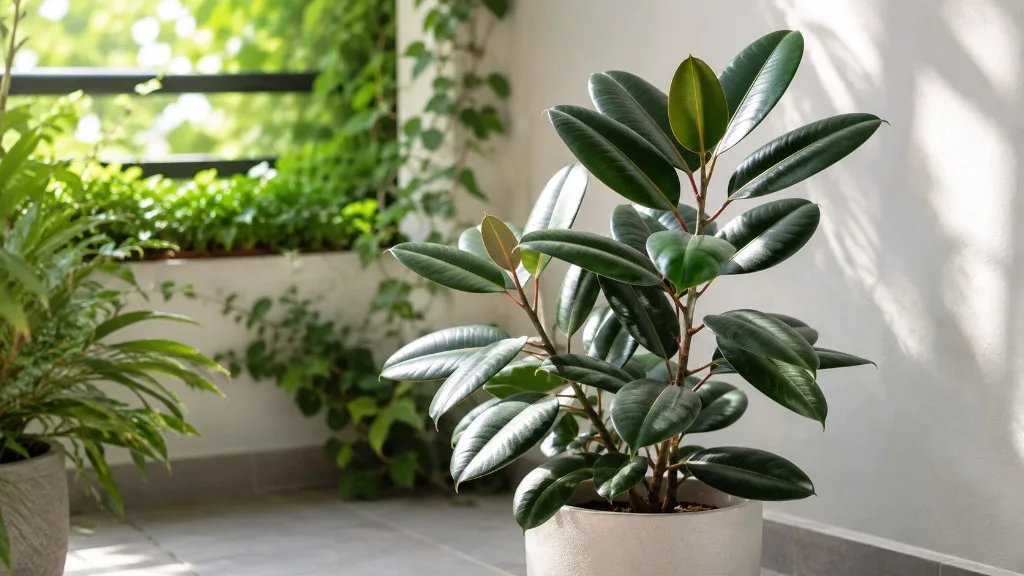 Glossy Ficus elastica rubber plant in bright indirect light near an east window