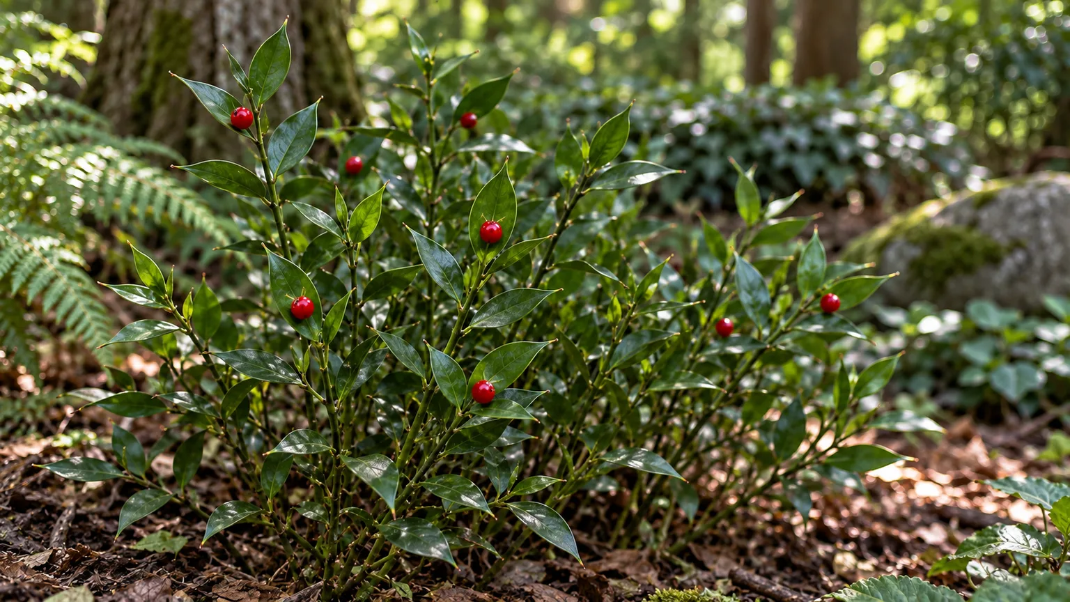Ruscus aculeatus with glossy, pointed cladodes and red berries in a shaded woodland garden
