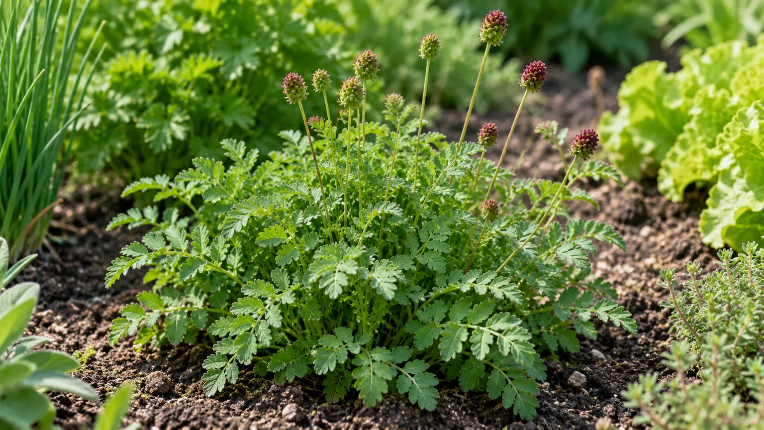 Salad burnet (Sanguisorba minor) growing in a sunny garden bed
