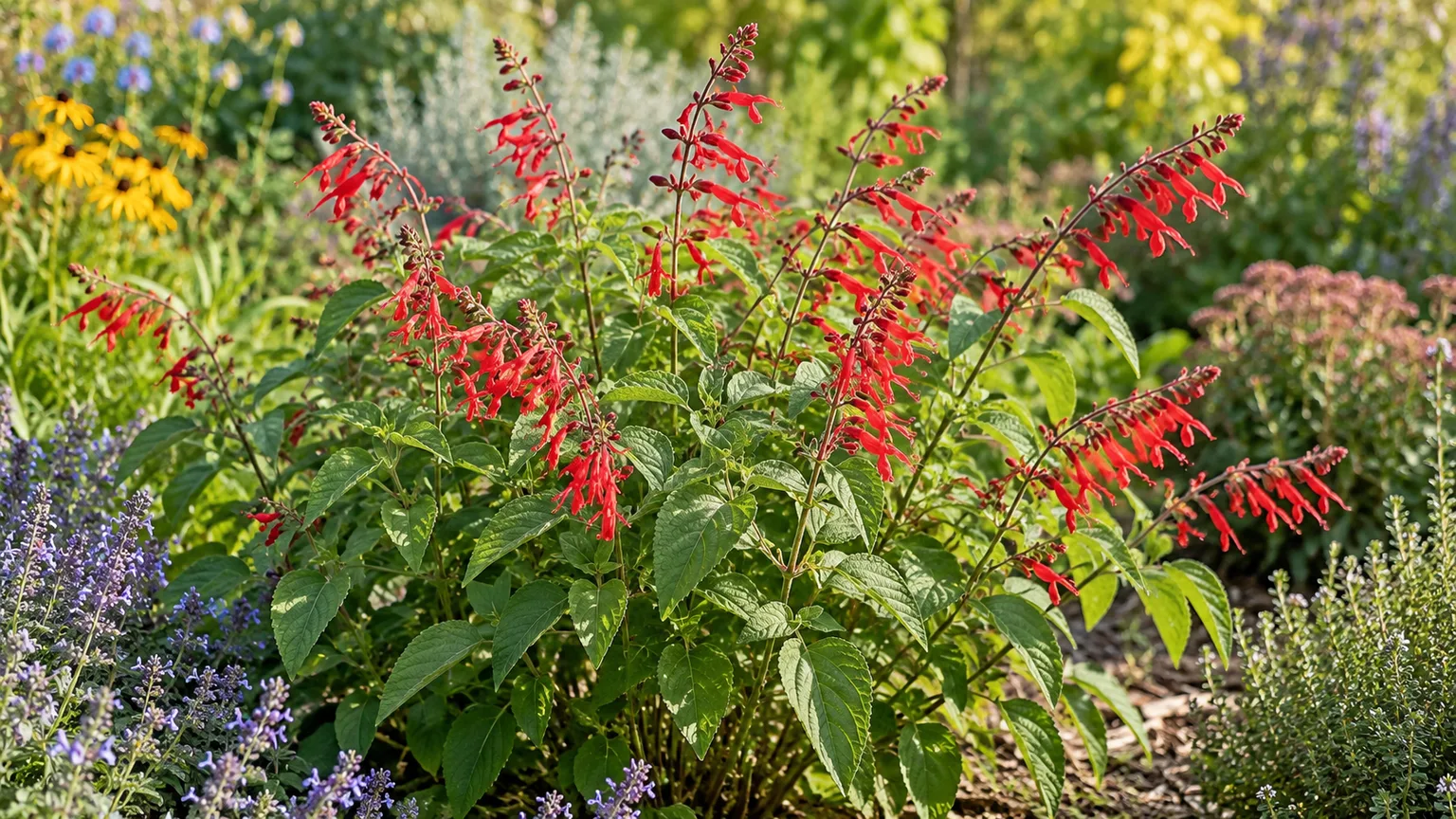 Healthy pineapple sage with scarlet-red tubular flowers in a sunny garden bed
