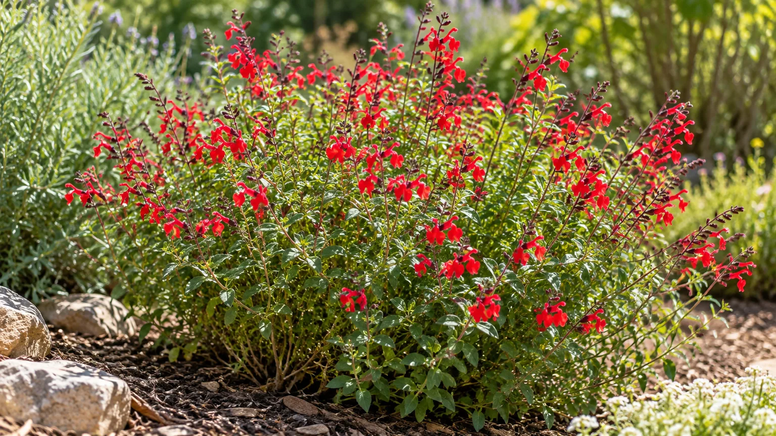 Red-flowering autumn sage growing in a sunny, rocky garden bed