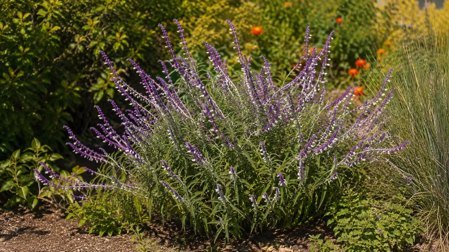 Purple-flowered Mexican bush sage in a landscaped garden border