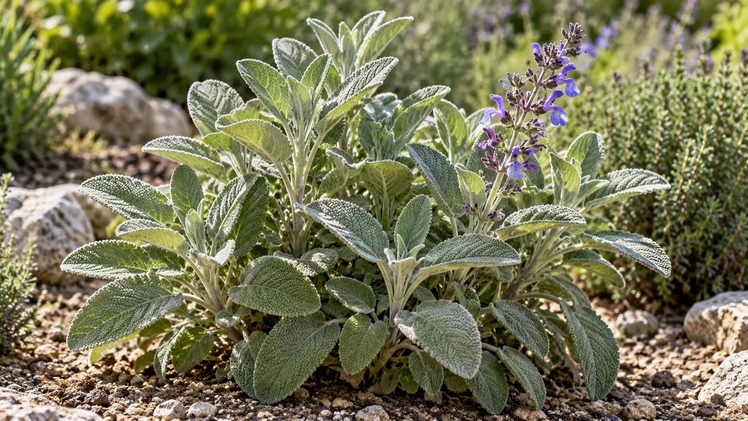 Healthy culinary sage with textured gray-green leaves and violet-blue flowers in a sunny herb bed.