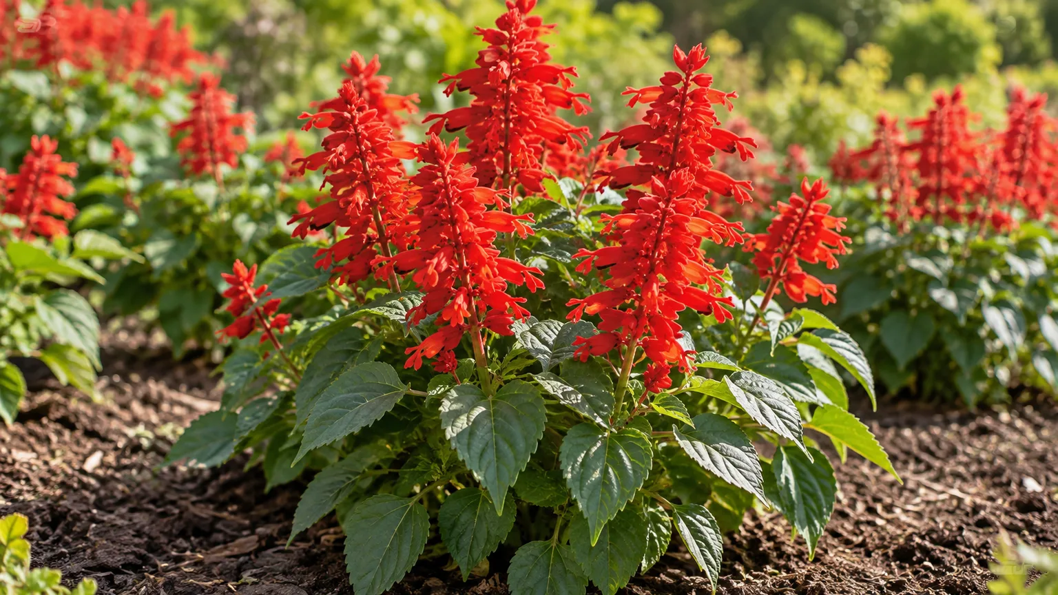 Healthy red salvia with dense scarlet flower spikes and deep green leaves in a sunny garden bed