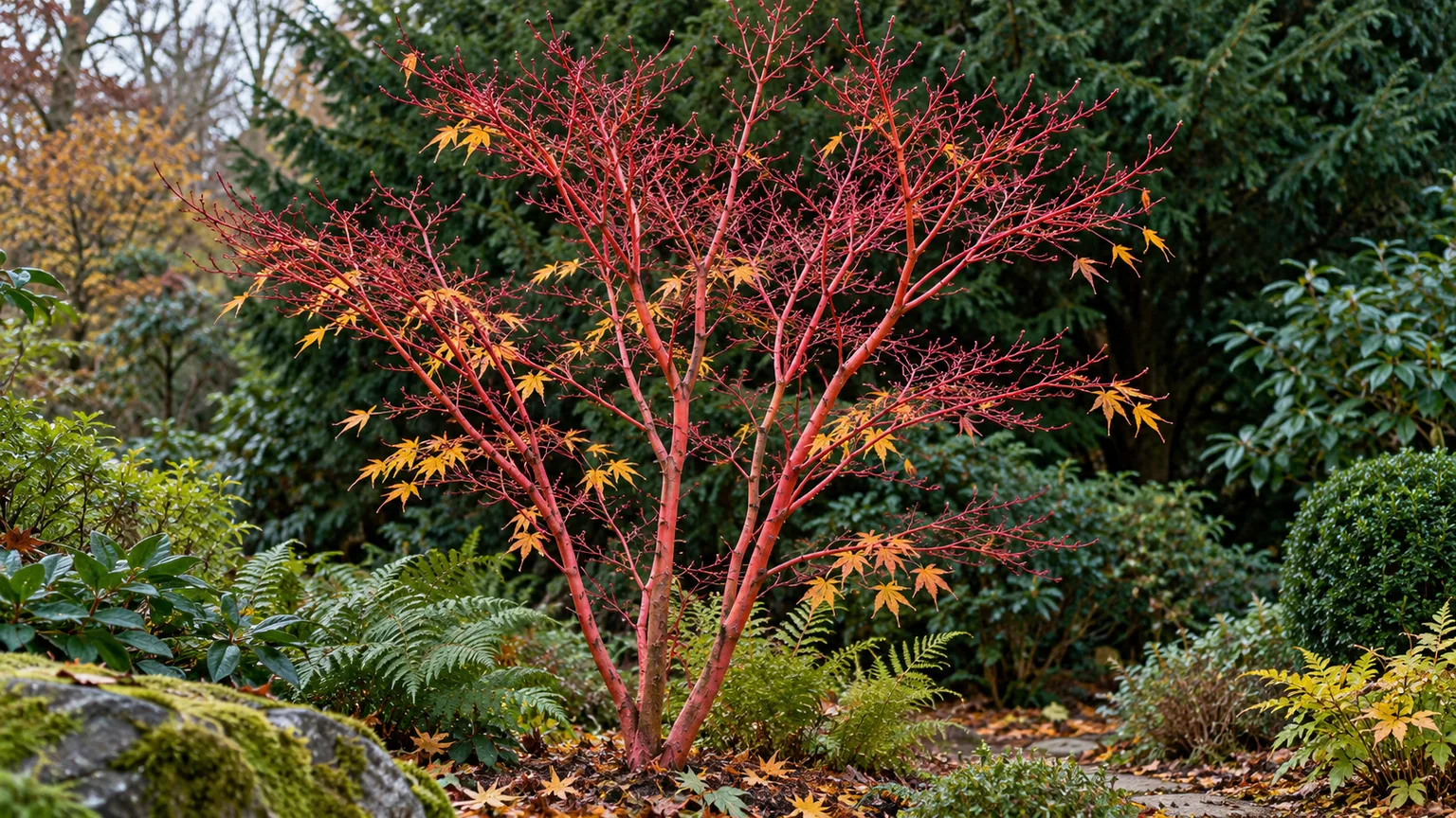 Coral-red winter twigs of a Sango-kaku Japanese maple among golden autumn leaves