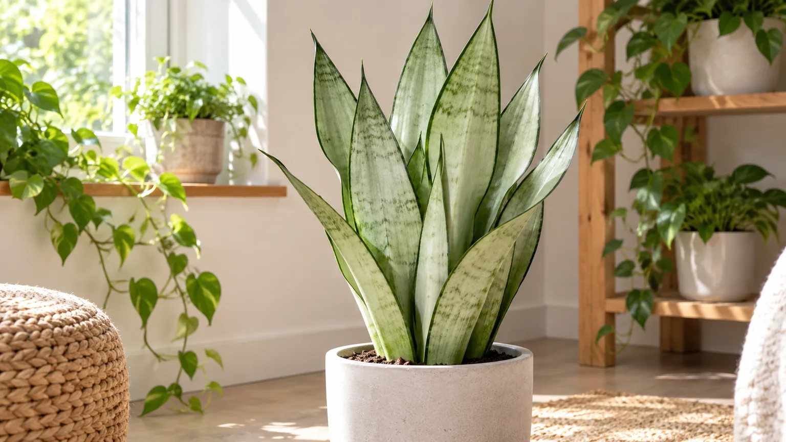 Moonshine snake plant with broad silvery-green leaves in a bright indoor plant corner.