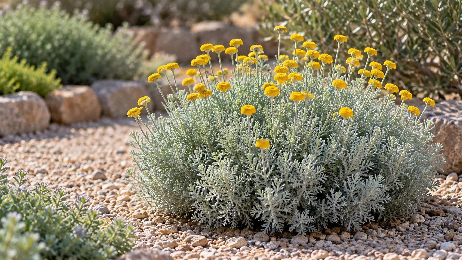 Healthy lavender cotton mound with silvery foliage and yellow button flowers in a sunny gravel garden