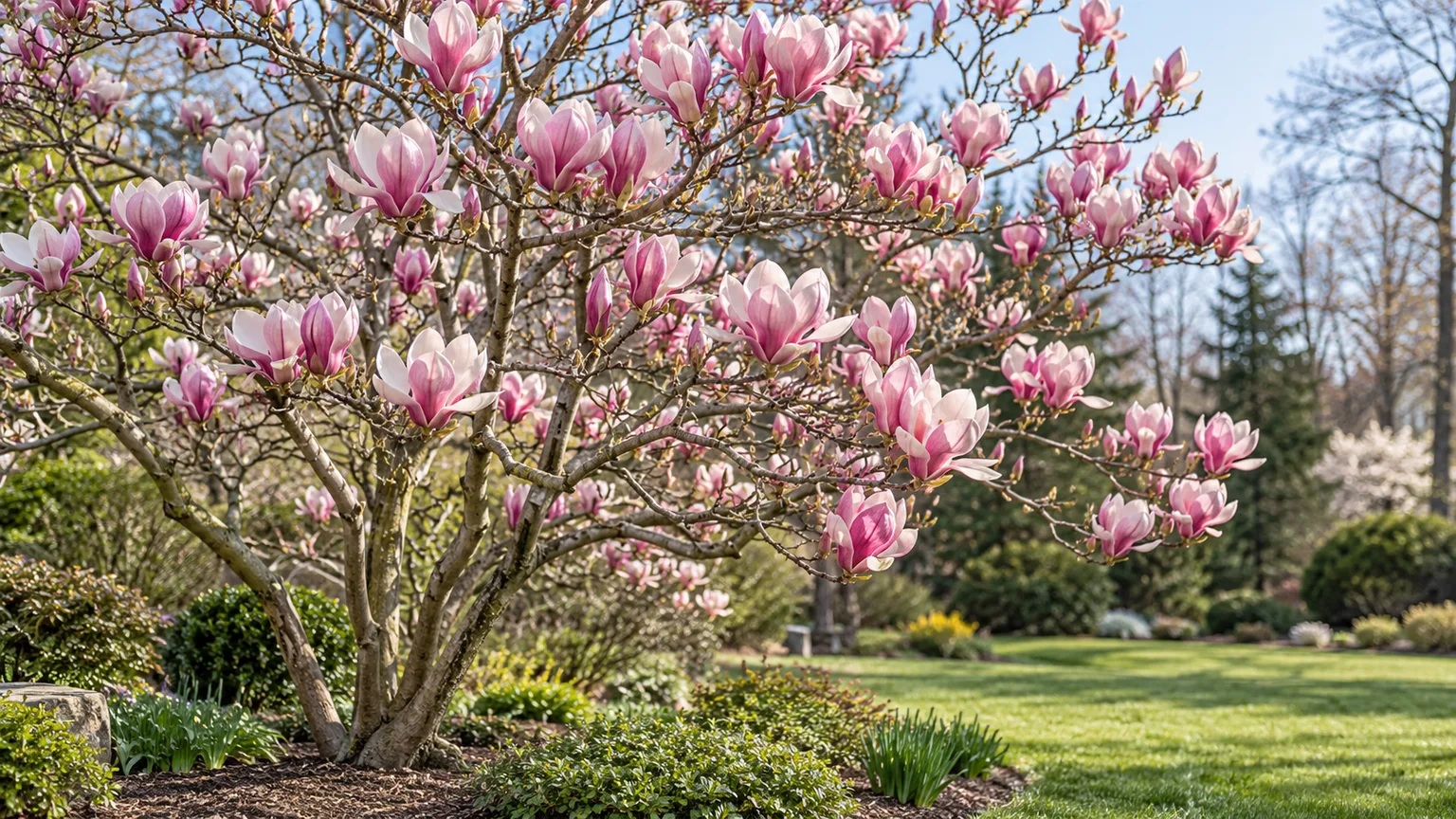 Saucer magnolia tree with pink goblet-shaped spring flowers on bare branches