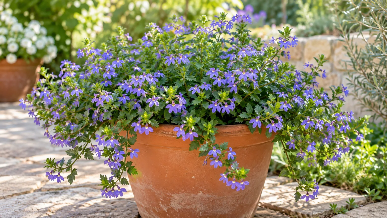 Healthy fan flower with blue-violet fan-shaped blooms spilling from a terracotta container
