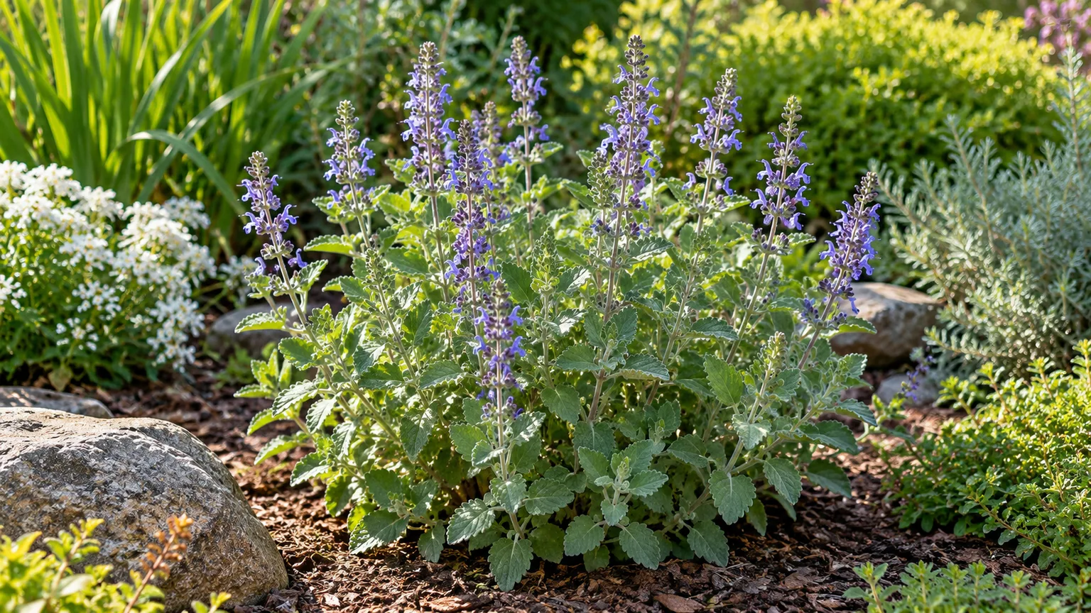 Scaredy cat plant with gray-green scalloped leaves and violet flower spikes in a sunny garden border
