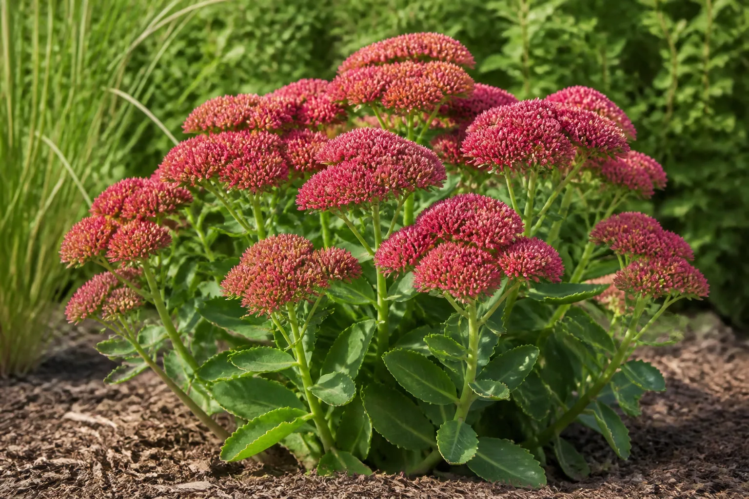 Healthy sedum with late-summer pink flower clusters in a mulched garden border