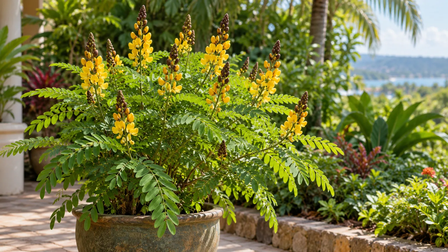 Healthy popcorn cassia with pinnate leaves and yellow flower spikes in a sunny patio garden