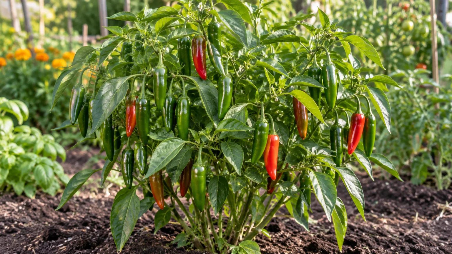Mature Serrano pepper plant with green and red fruit growing in a sunny garden bed
