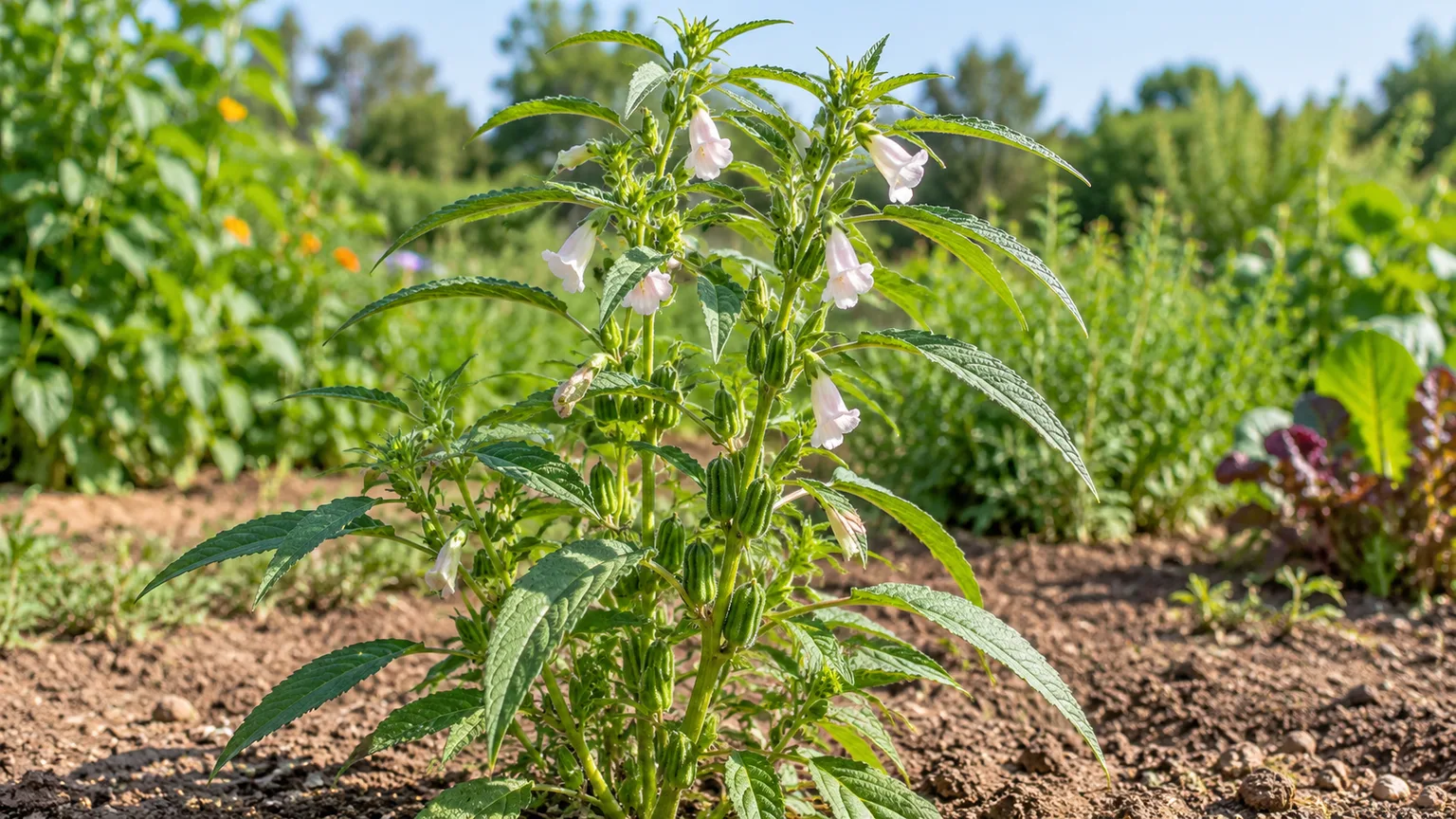 Healthy sesame plants with green leaves and seed capsules in a sunny garden