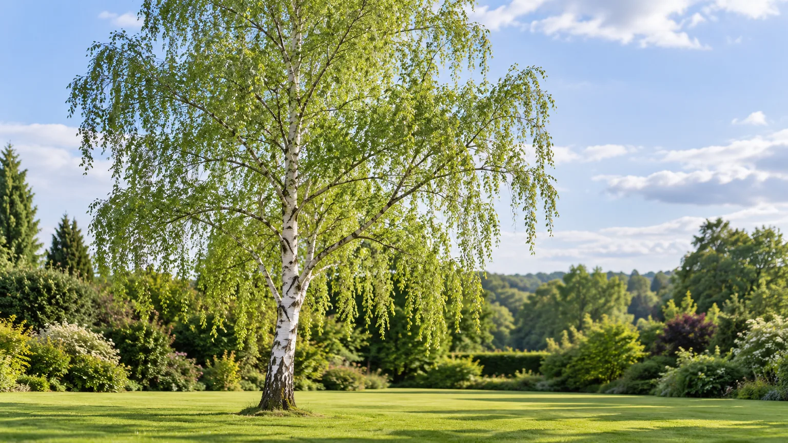 Mature silver birch with pale bark and a fine, drooping crown in an open garden
