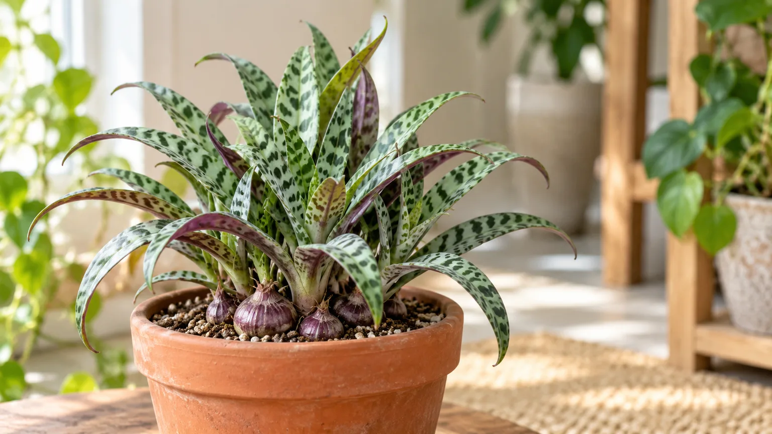 Silver squill with silver-spotted leaves and exposed purple bulbs in a terracotta pot