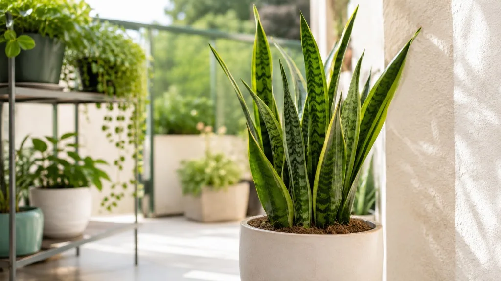 Healthy snake plant with upright banded leaves in bright indirect indoor light
