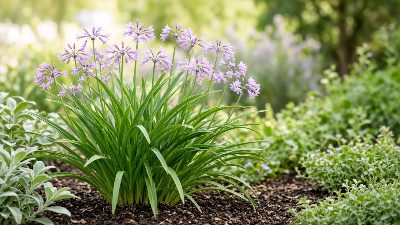 Society garlic clump with lavender-purple star-shaped flowers and arching grass-like leaves in a sunny garden border