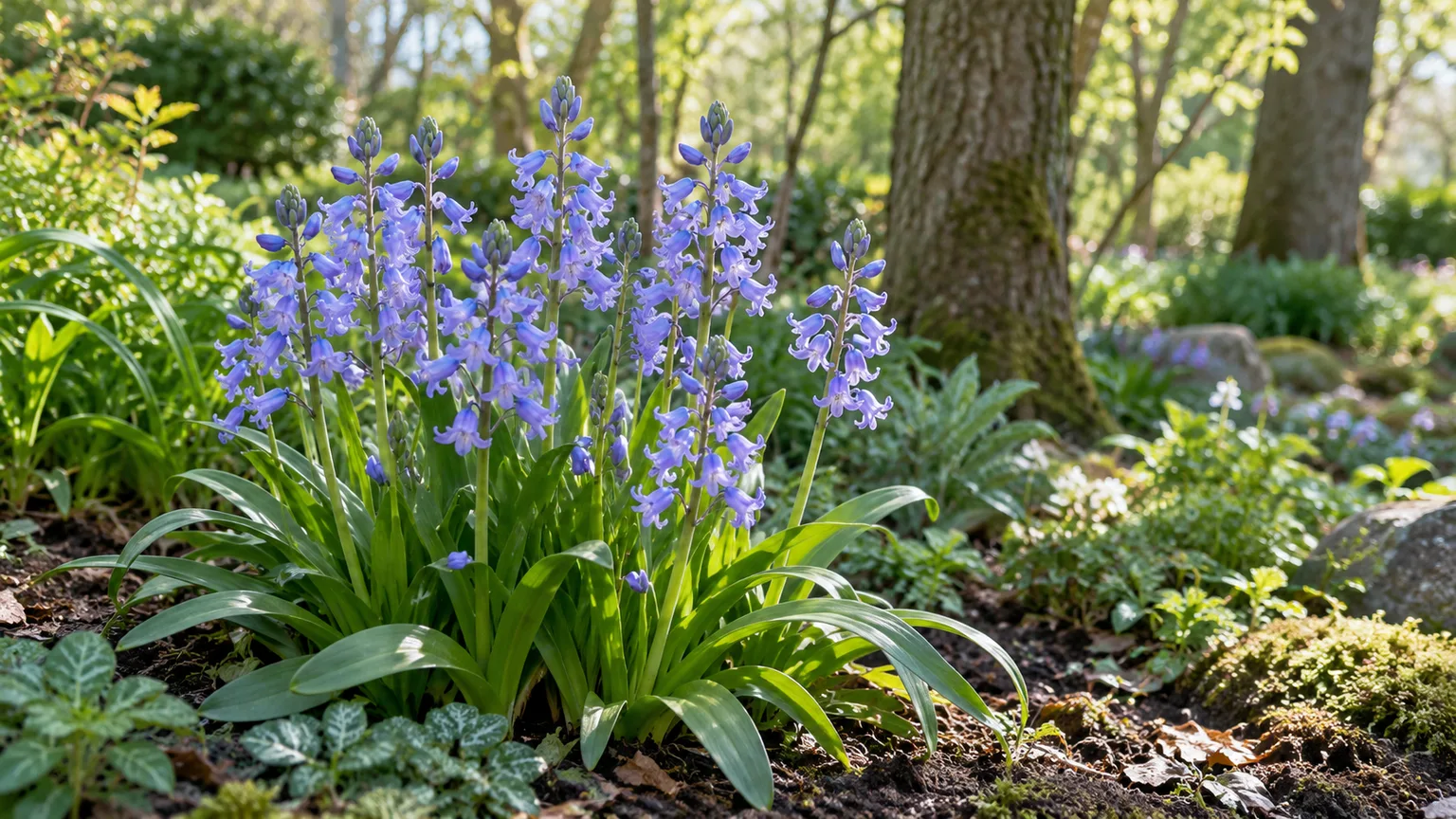 Healthy Spanish bluebell clump with upright lavender-blue flowers in a dappled woodland-edge garden