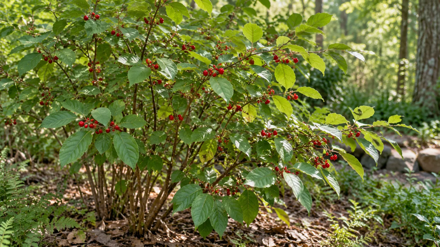 Mature spicebush with green leaves and red fruit in a shaded woodland garden