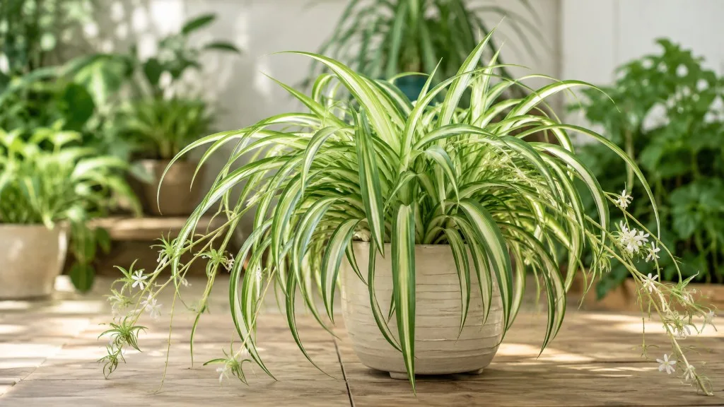 Variegated spider plant with arching leaves and spiderettes in bright indirect indoor light