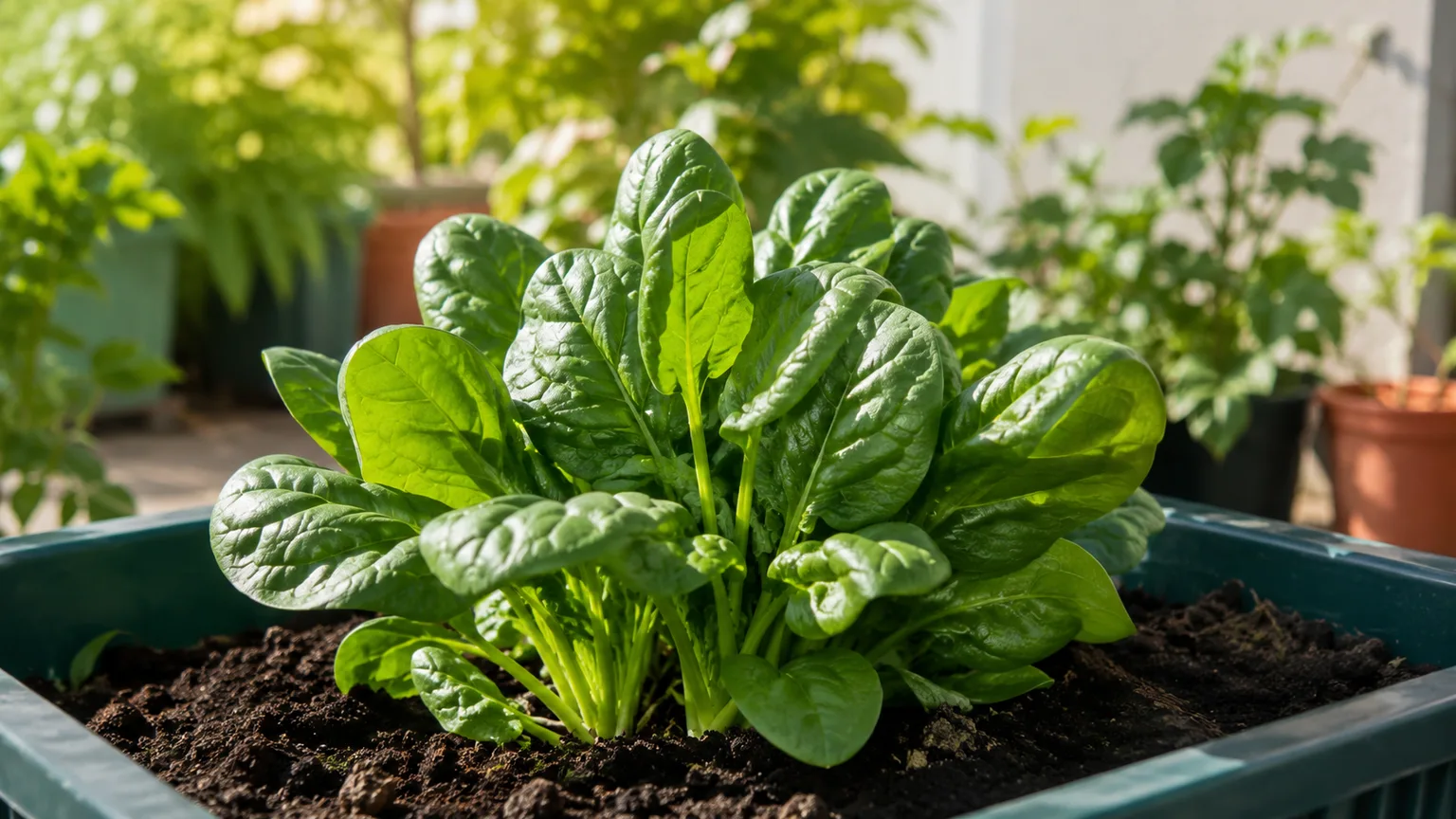 Healthy spinach producing tender leaves in a container garden
